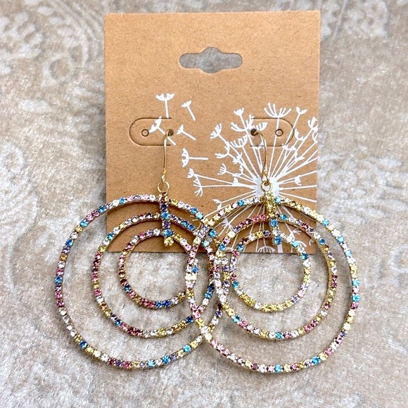 Brand New Pastel Rainbow Multicolored Triple Circle Rhinestone Drop Earrings - Picture 16 of 16